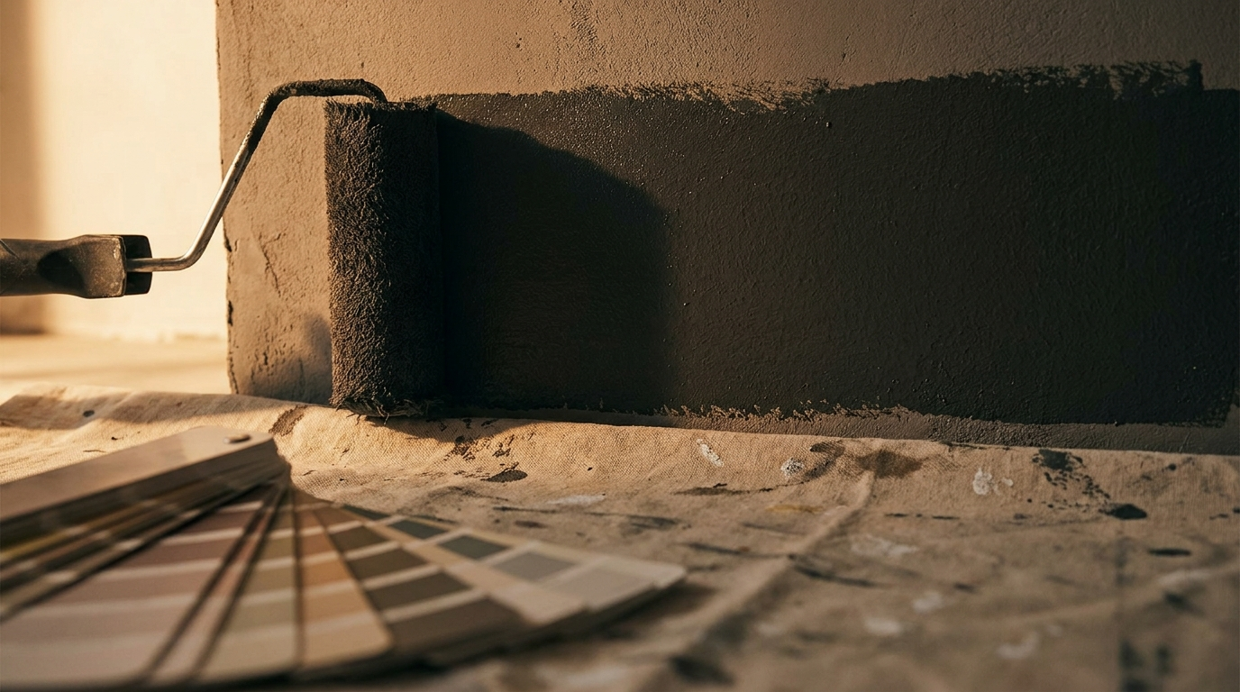 A roller laying a fresh coat of paint on a wall