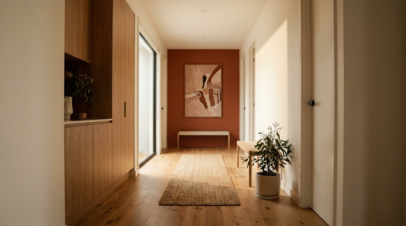 A bright, freshly painted hallway