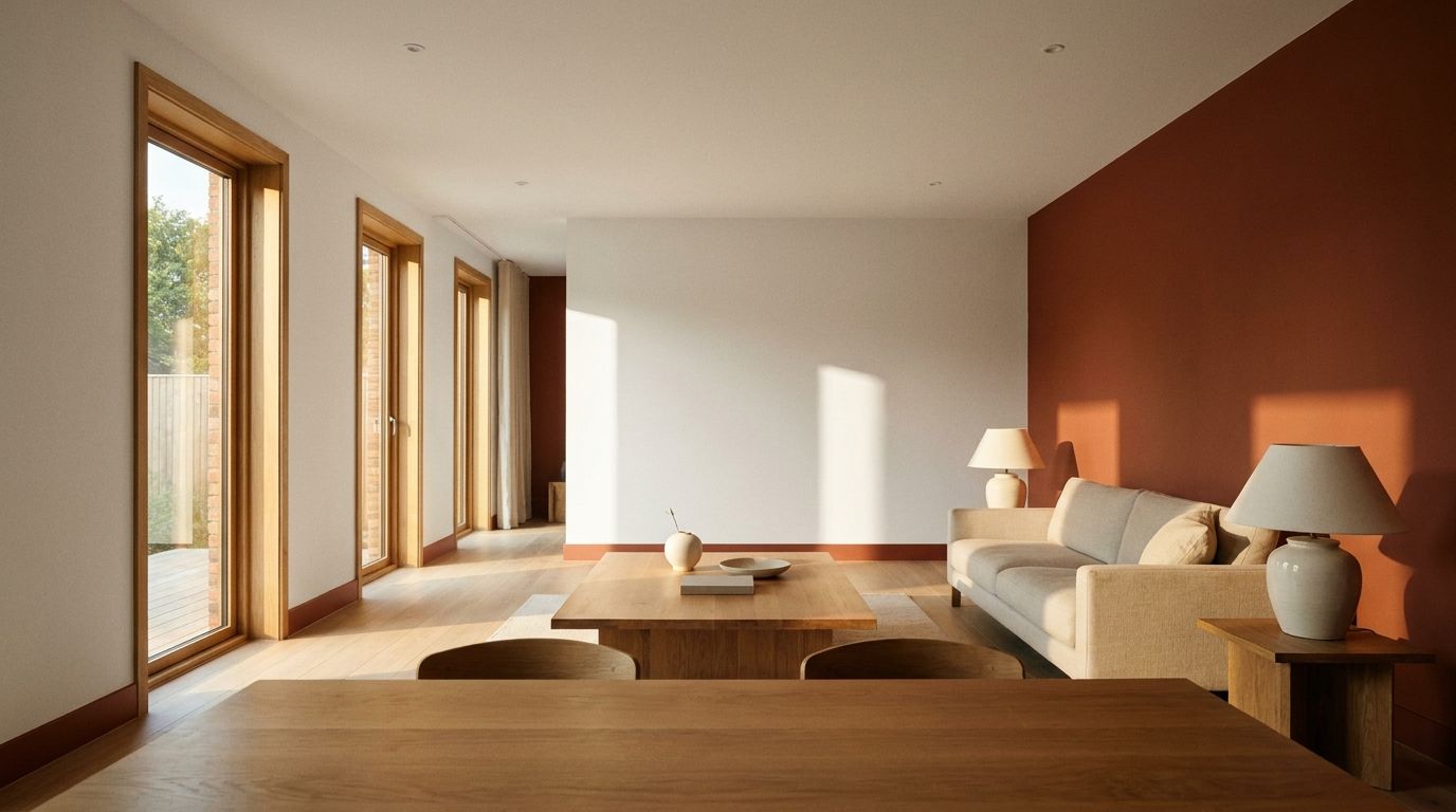 A warm, freshly painted room with a deep feature wall