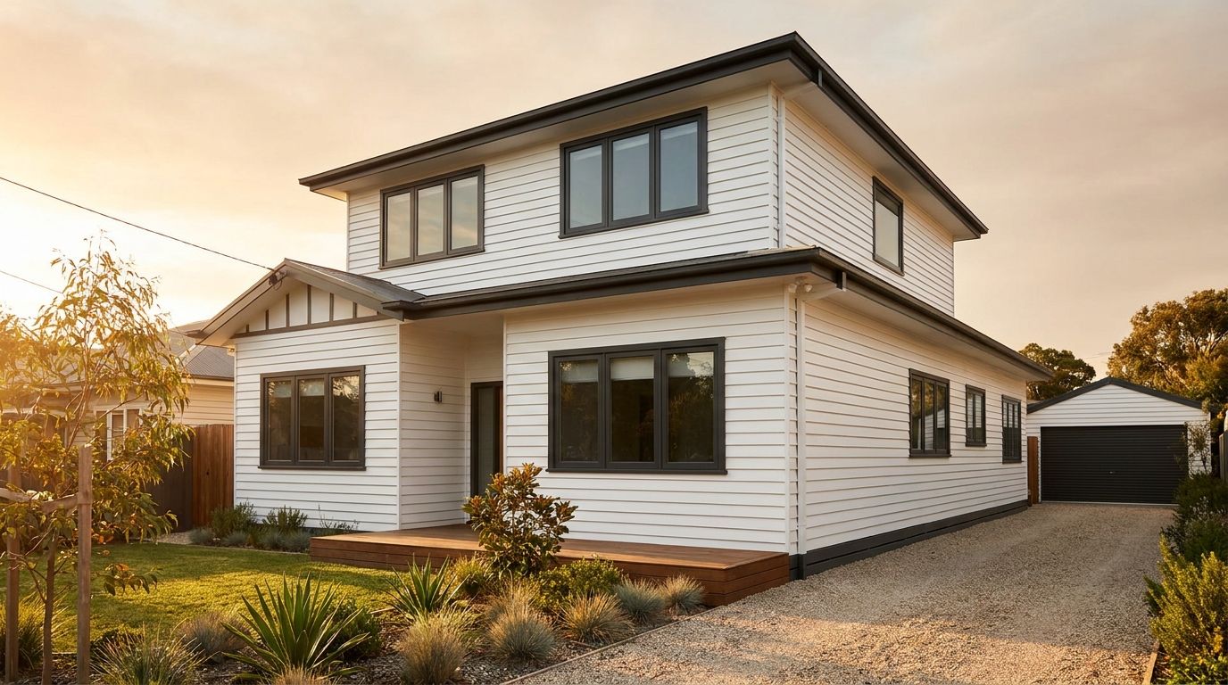 A freshly repainted home exterior at dusk on the Mid North Coast