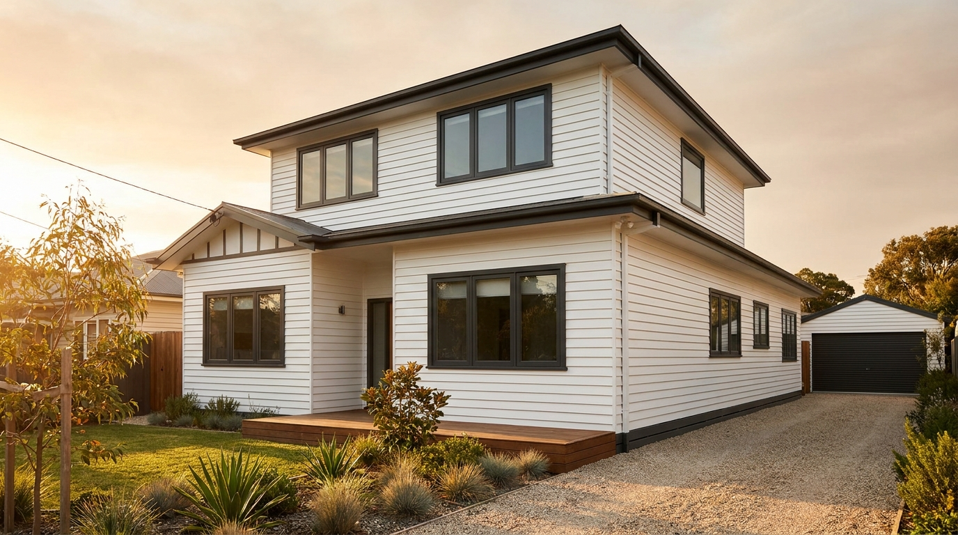 A freshly painted home exterior at golden hour on the Mid North Coast