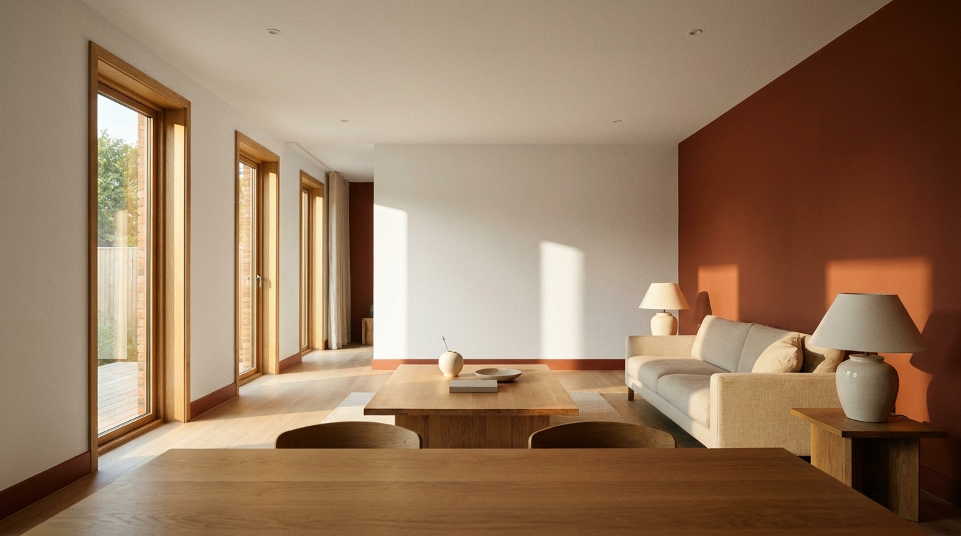 A warm, freshly painted room with a deep feature wall
