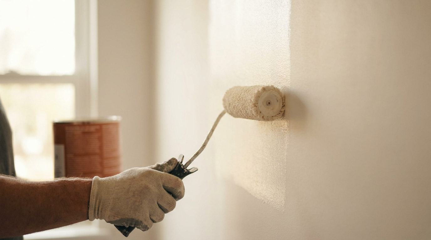 A painter rolling a fresh, even coat onto an interior wall