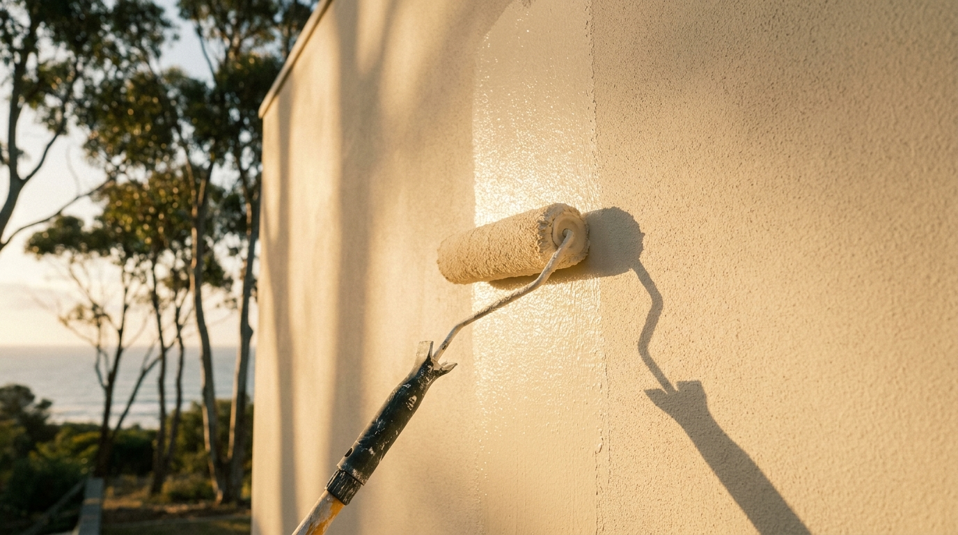 A roller laying a fresh coat on an exterior wall at golden hour