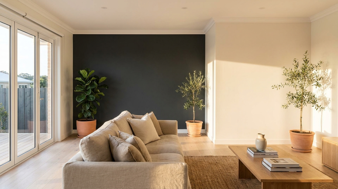 A freshly painted, light-filled living room with a deep feature wall