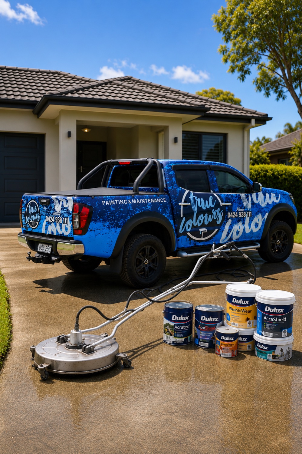 The True Colours Painting & Maintenance branded ute with pressure-washing gear and Dulux paint on a client driveway